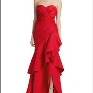 Badgley Mischka Long Red Scuba Women's Strapless Ruffle Formal Dress, Size: 6